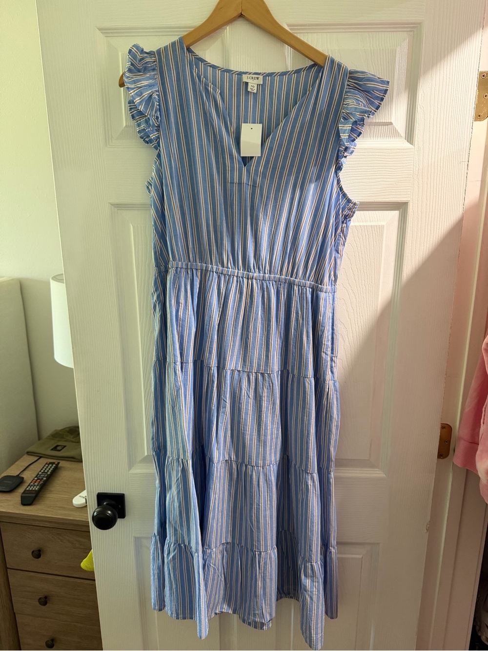 J. Crew Factory Blue and White Striped Tiered Sundress with Ruffle Sleeves